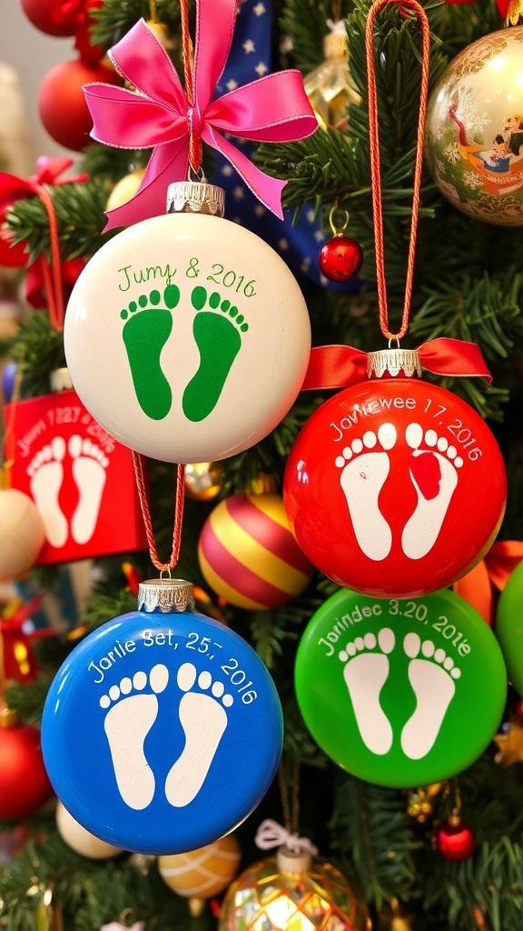 Colorful Christmas ornaments with baby footprints, names, and dates, displayed with holiday decorations.